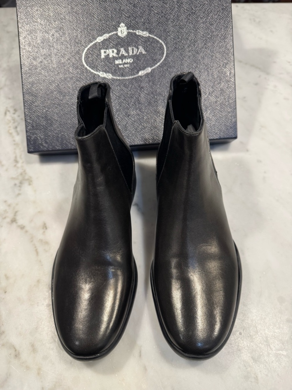 Prada Black Leather Chelsea Booties with Subtle Shine